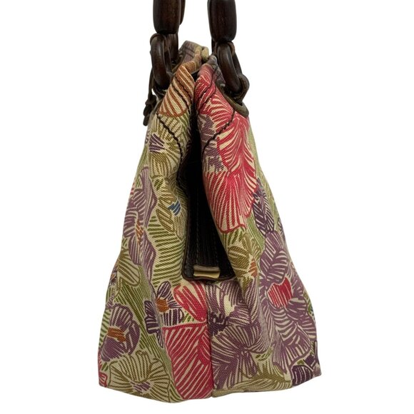 FOSSIL Floral Canvas Shoulder Bag w/ Leather Wood Trim Three Compartments - Picture 2 of 9